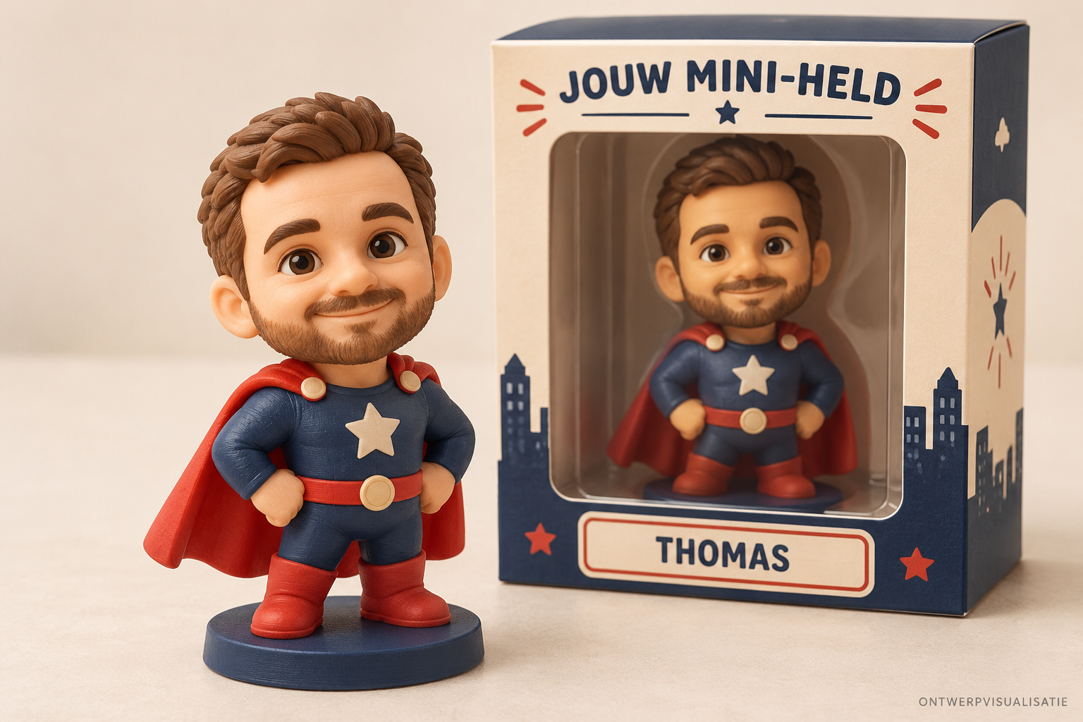 AI-ontwerpvoorbeeld van een cartoonfiguurtje met een persoonlijke cadeaudoos